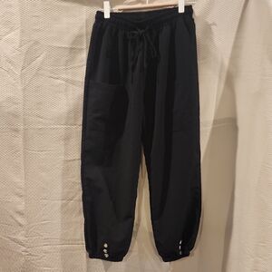 Relaxed Wide-Leg Black Drawstring Pants with Button Cuffs